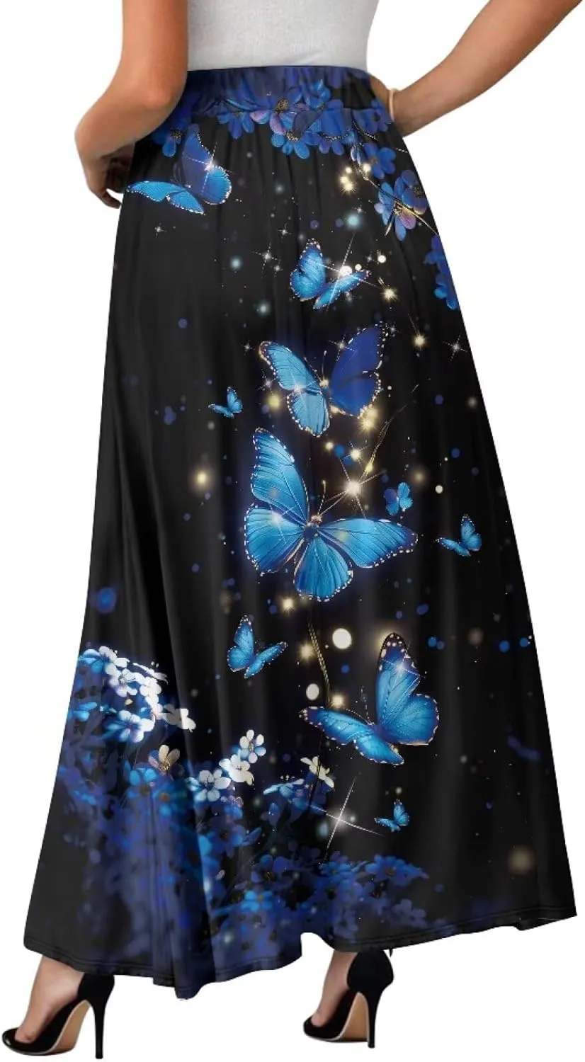 Skirts for Women Long Length High Waisted Pleated Midi Skirt with Pockets Breathable Boho Long Maxi Skort Plus Size