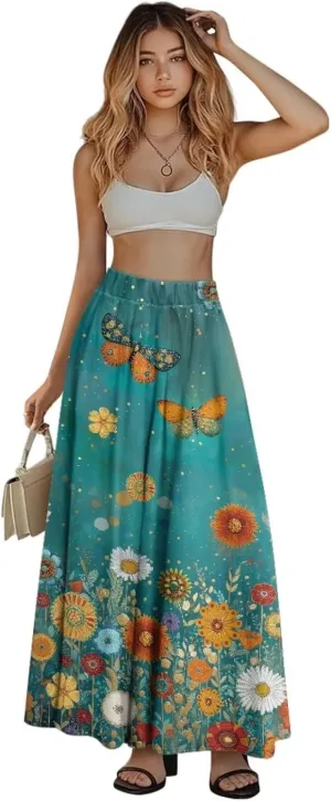 Skirts for Women Long Length High Waisted Pleated Midi Skirt with Pockets Breathable Boho Long Maxi Skort Plus Size