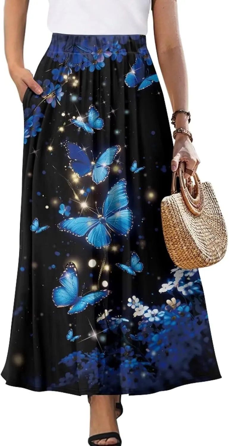 Skirts for Women Long Length High Waisted Pleated Midi Skirt with Pockets Breathable Boho Long Maxi Skort Plus Size