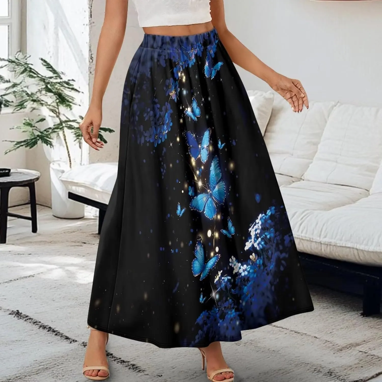 Skirts for Women Long Length High Waisted Pleated Midi Skirt with Pockets Breathable Boho Long Maxi Skort Plus Size