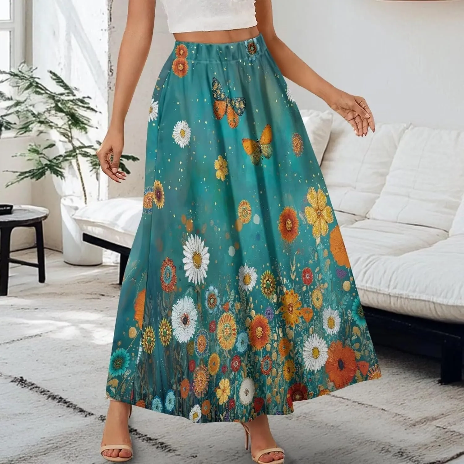 Skirts for Women Long Length High Waisted Pleated Midi Skirt with Pockets Breathable Boho Long Maxi Skort Plus Size