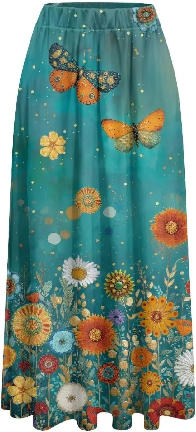 Skirts for Women Long Length High Waisted Pleated Midi Skirt with Pockets Breathable Boho Long Maxi Skort Plus Size