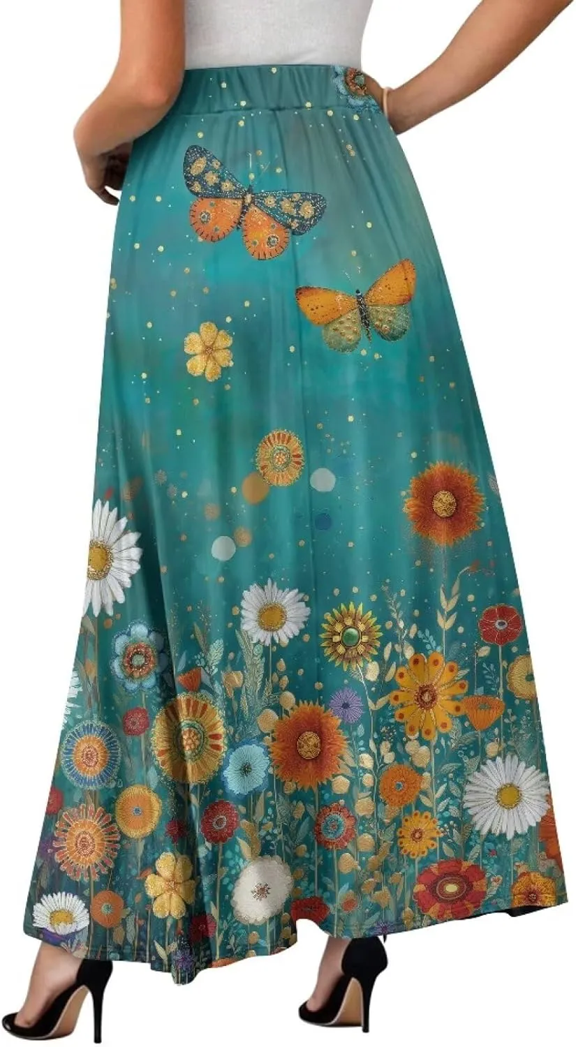 Skirts for Women Long Length High Waisted Pleated Midi Skirt with Pockets Breathable Boho Long Maxi Skort Plus Size