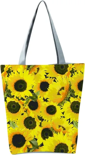 Small Purse Cute Tote Handbag Women's Slouchy Large Capacity Zippered Sunflower Printed Shoulder Bag