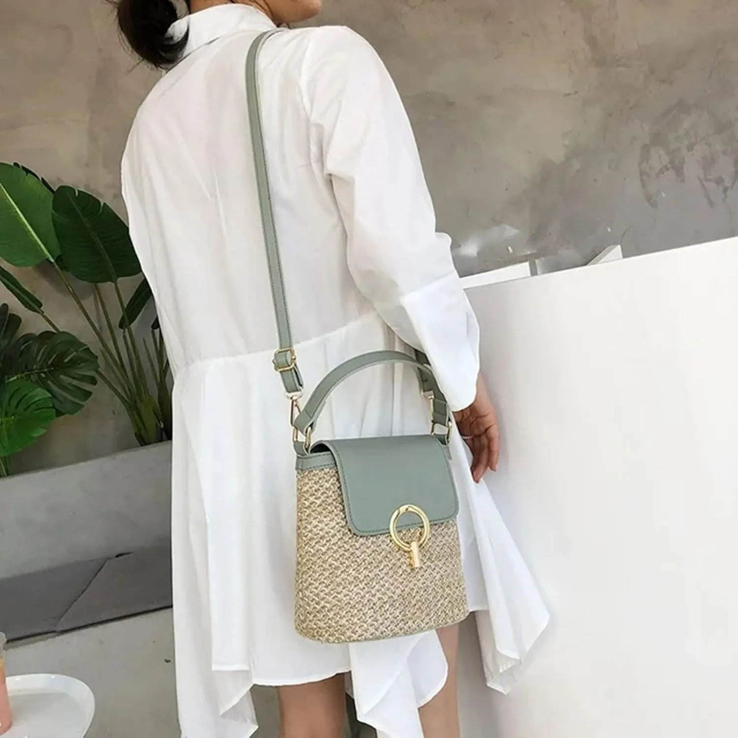 Straw Weave Women Ladies Bucket Handbags Summer Beach Shoulder Bags Mini Messenger Bag for s Canvas (C, One Size)