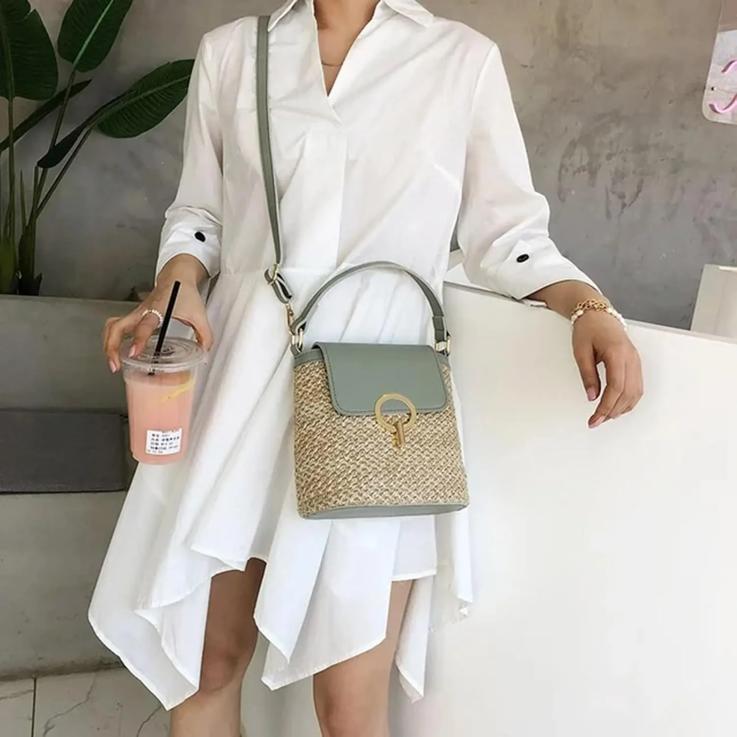 Straw Weave Women Ladies Bucket Handbags Summer Beach Shoulder Bags Mini Messenger Bag for s Canvas (C, One Size)