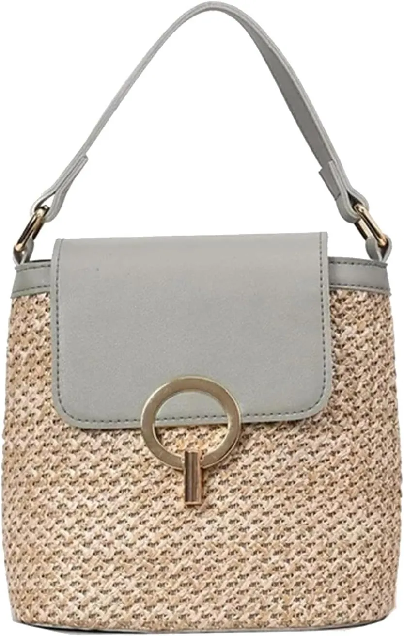 Straw Weave Women Ladies Bucket Handbags Summer Beach Shoulder Bags Mini Messenger Bag for s Canvas (C, One Size)