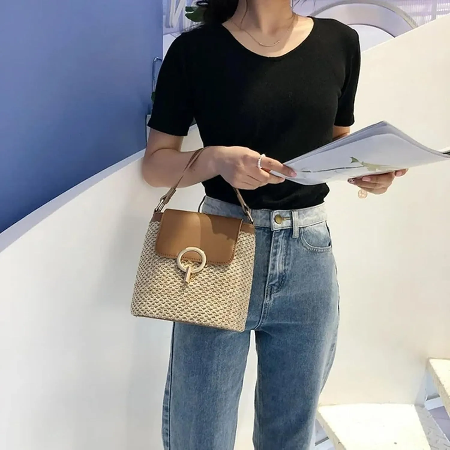 Straw Weave Women Ladies Bucket Handbags Summer Beach Shoulder Bags Mini Messenger Bag for s Canvas (D, One Size)