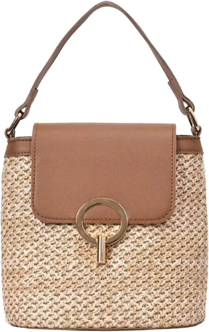 Straw Weave Women Ladies Bucket Handbags Summer Beach Shoulder Bags Mini Messenger Bag for s Canvas (D, One Size)