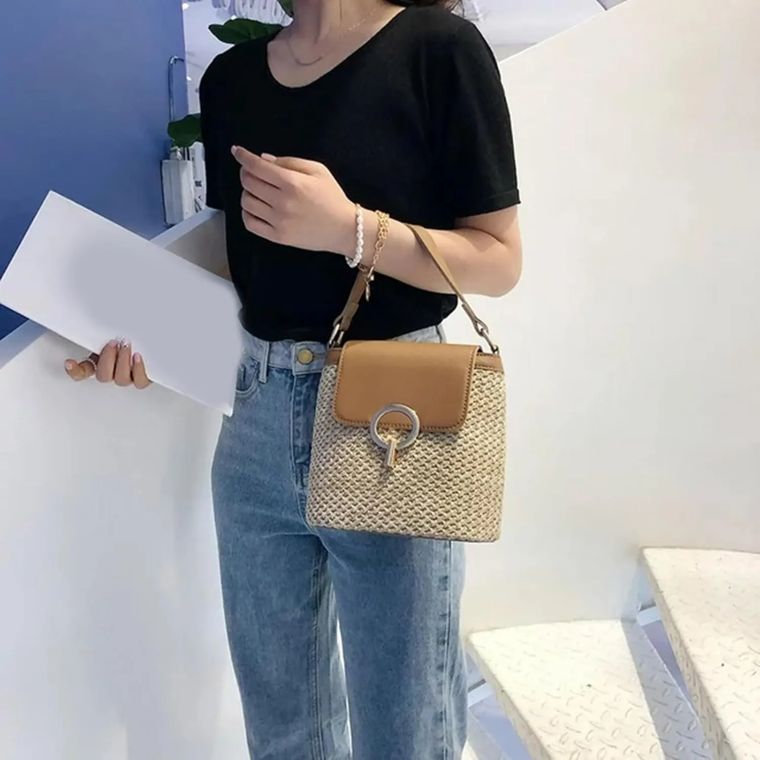 Straw Weave Women Ladies Bucket Handbags Summer Beach Shoulder Bags Mini Messenger Bag for s Canvas (D, One Size)