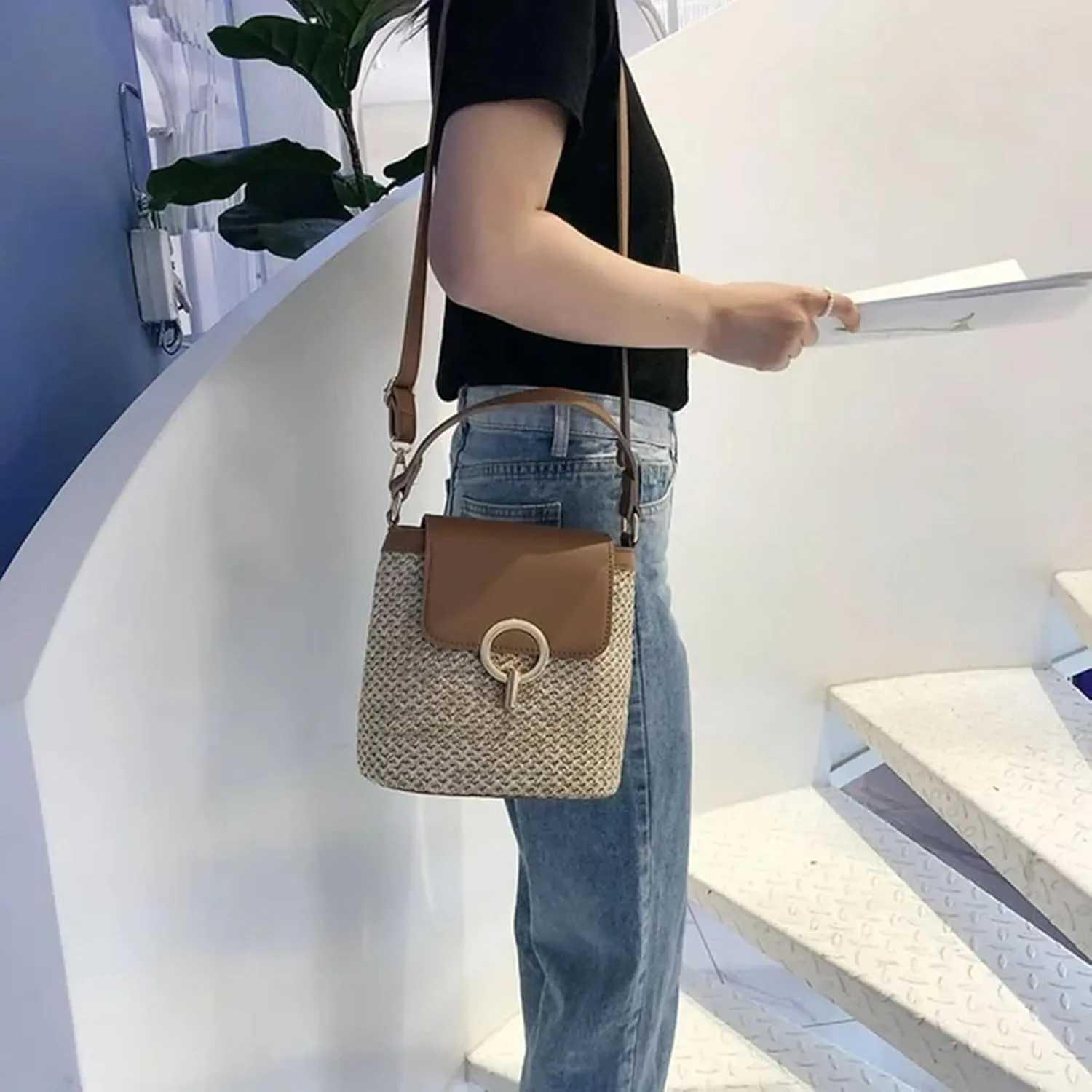 Straw Weave Women Ladies Bucket Handbags Summer Beach Shoulder Bags Mini Messenger Bag for s Canvas (D, One Size)