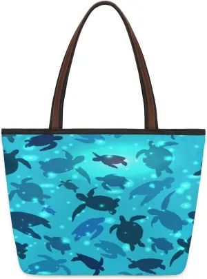 Submarine Sea Turtles Large Beach Tote Bag for Women Reusable Grocery Shopping Handbag with Zipper Top Handle Tote Size L