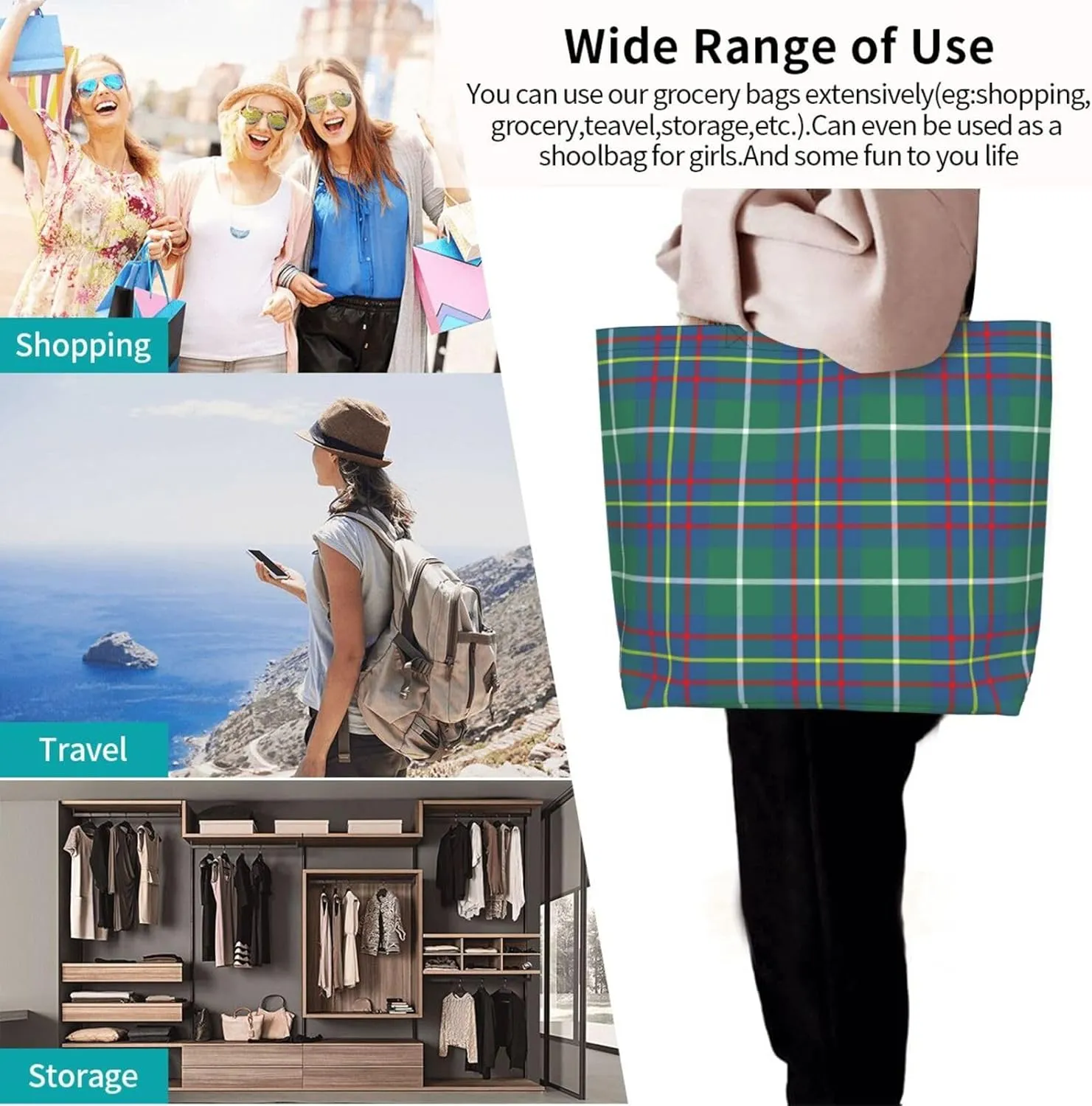 Tartan Tote Bag For Women Weekender Travel Bag Reusable Grocery Bags Large Totes Handbags