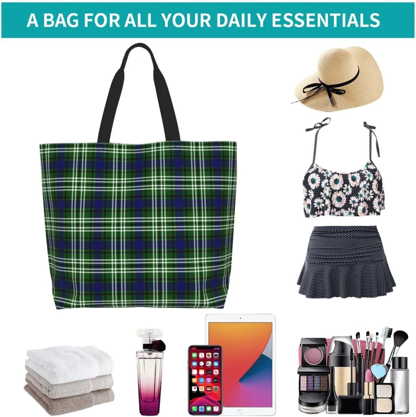 Tartan Tote Bag For Women Weekender Travel Bag Reusable Grocery Bags Large Totes Handbags