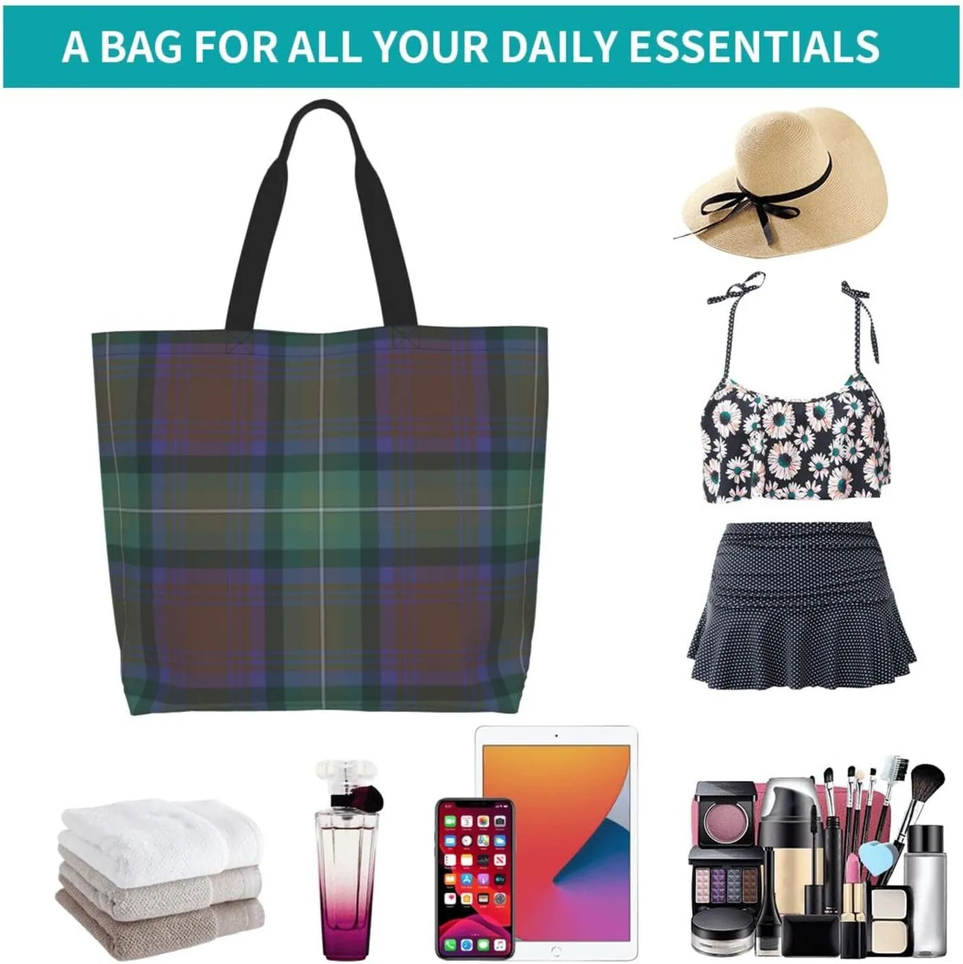 Tartan Tote Bag For Women Weekender Travel Bag Reusable Grocery Bags Large Totes Handbags
