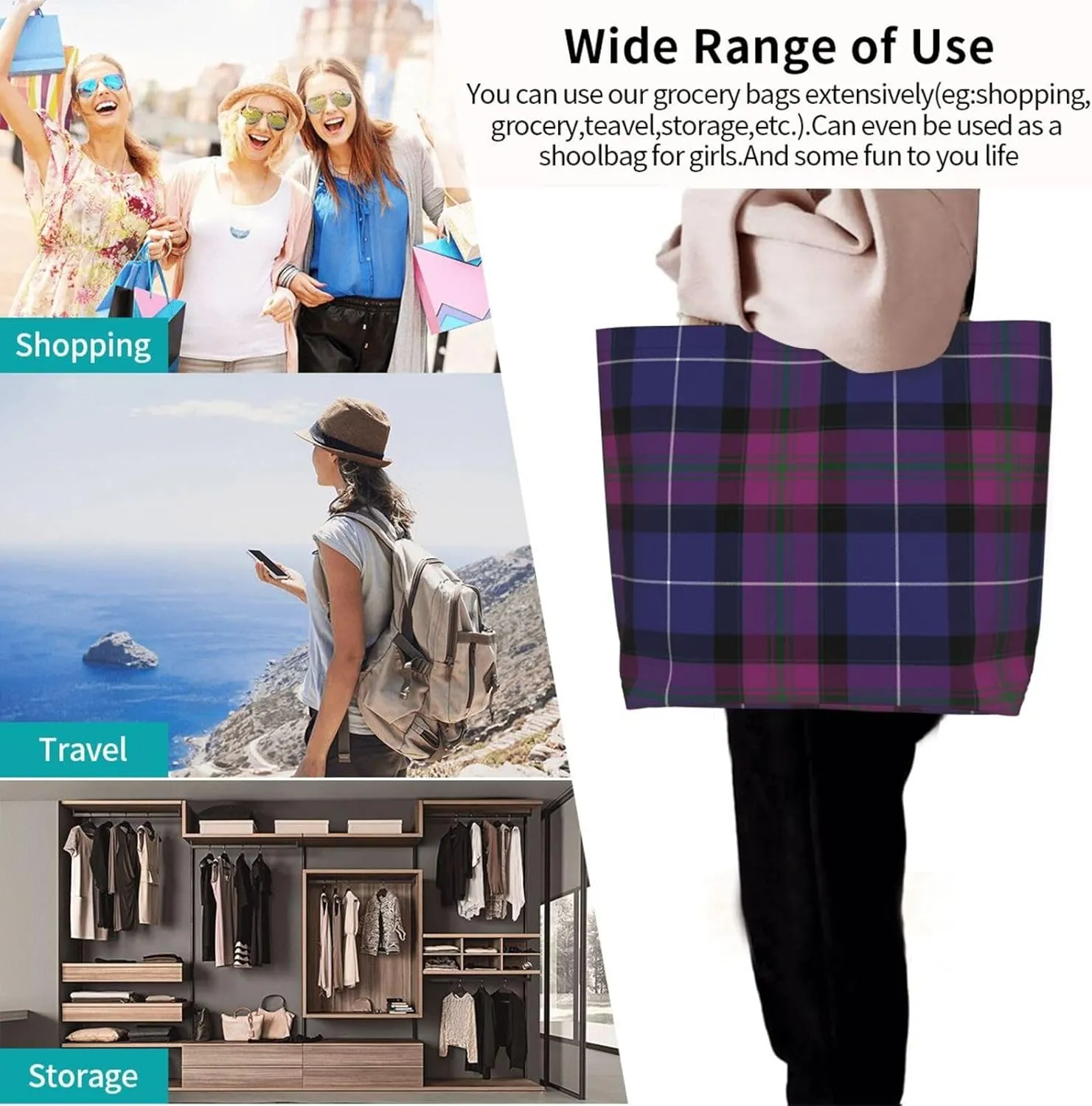 Tartan Tote Bag For Women Weekender Travel Bag Reusable Grocery Bags Large Totes Handbags