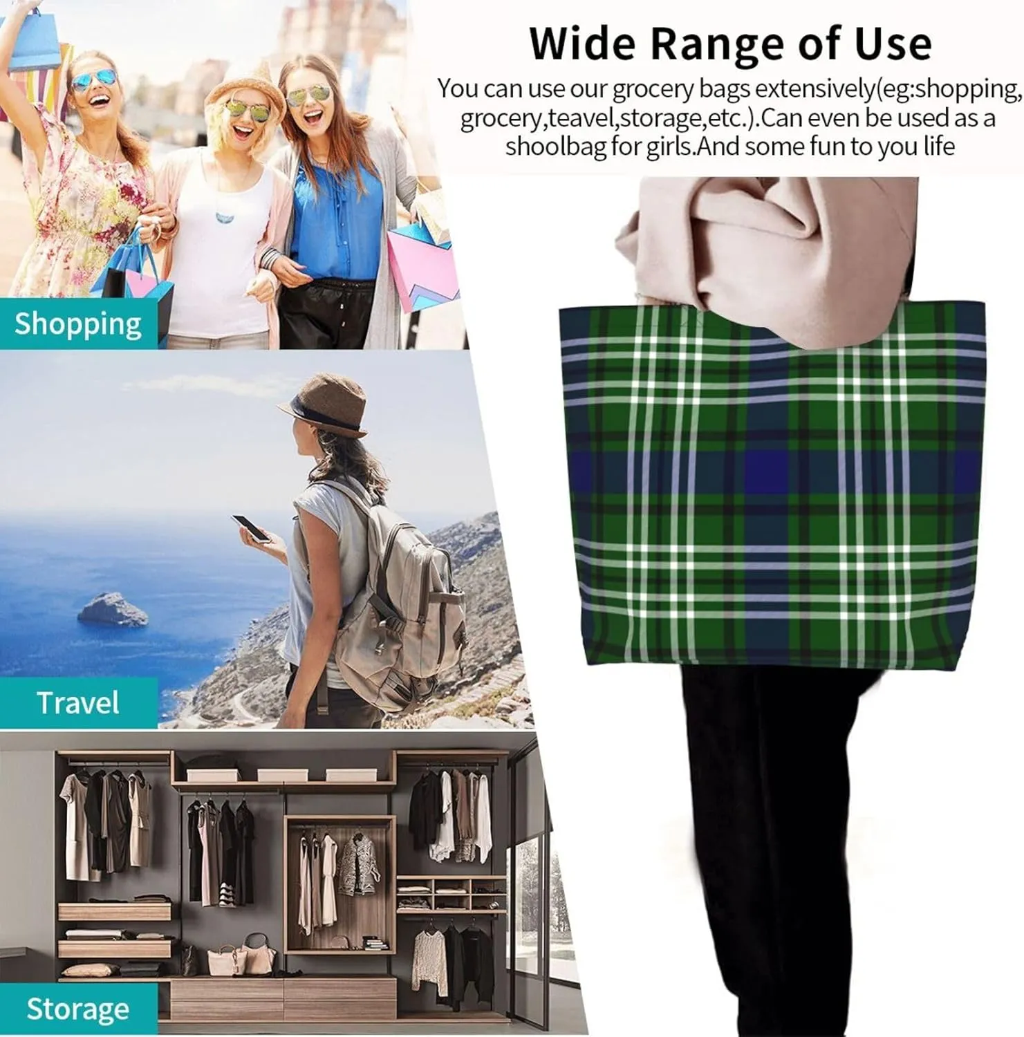 Tartan Tote Bag For Women Weekender Travel Bag Reusable Grocery Bags Large Totes Handbags