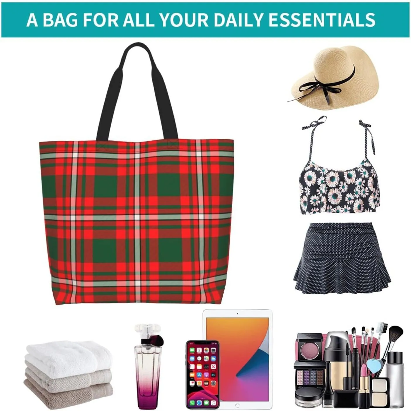 Tartan Tote Bag For Women Weekender Travel Bag Reusable Grocery Bags Large Totes Handbags