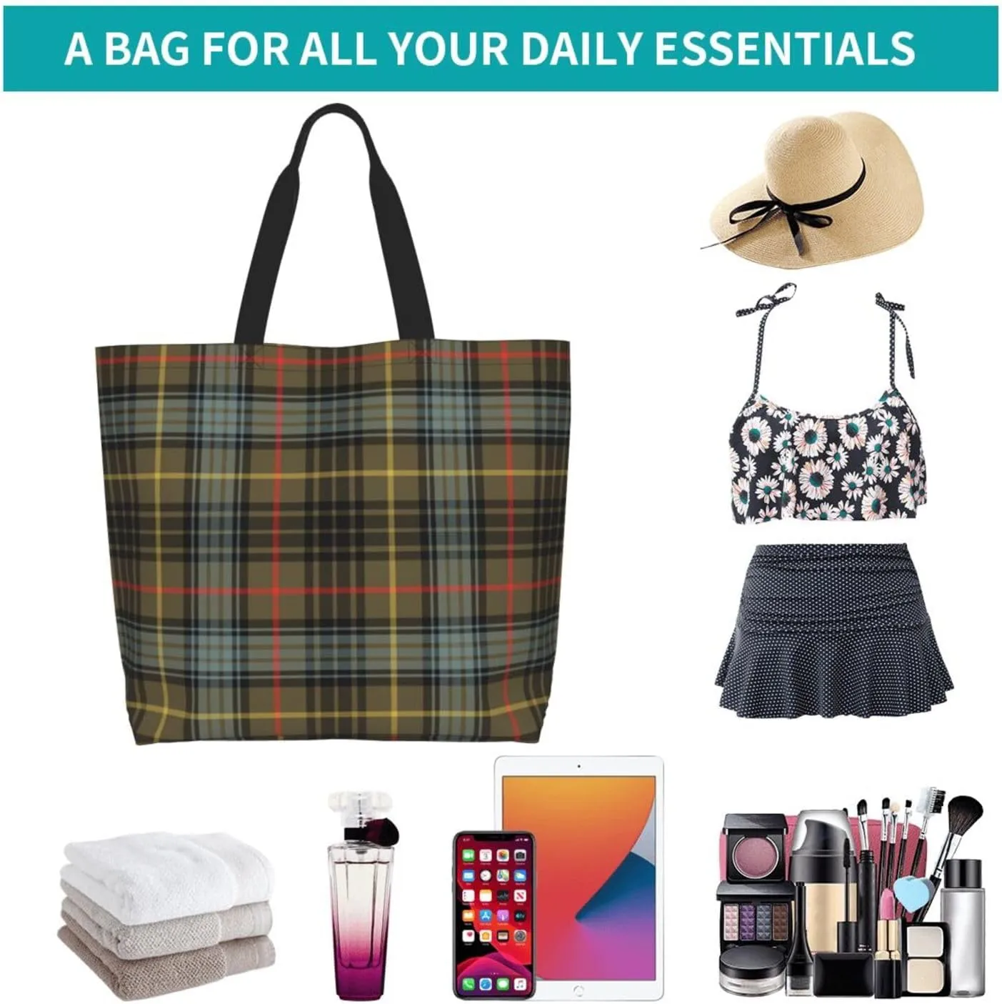 Tartan Tote Bag For Women Weekender Travel Bag Reusable Grocery Bags Large Totes Handbags