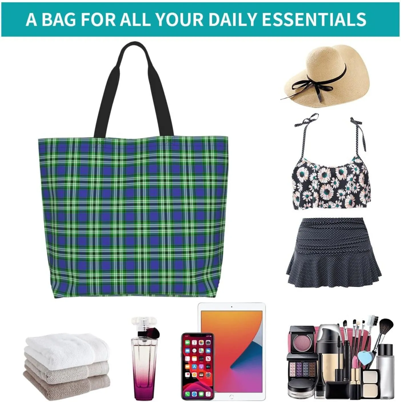 Tartan Tote Bag For Women Weekender Travel Bag Reusable Grocery Bags Large Totes Handbags