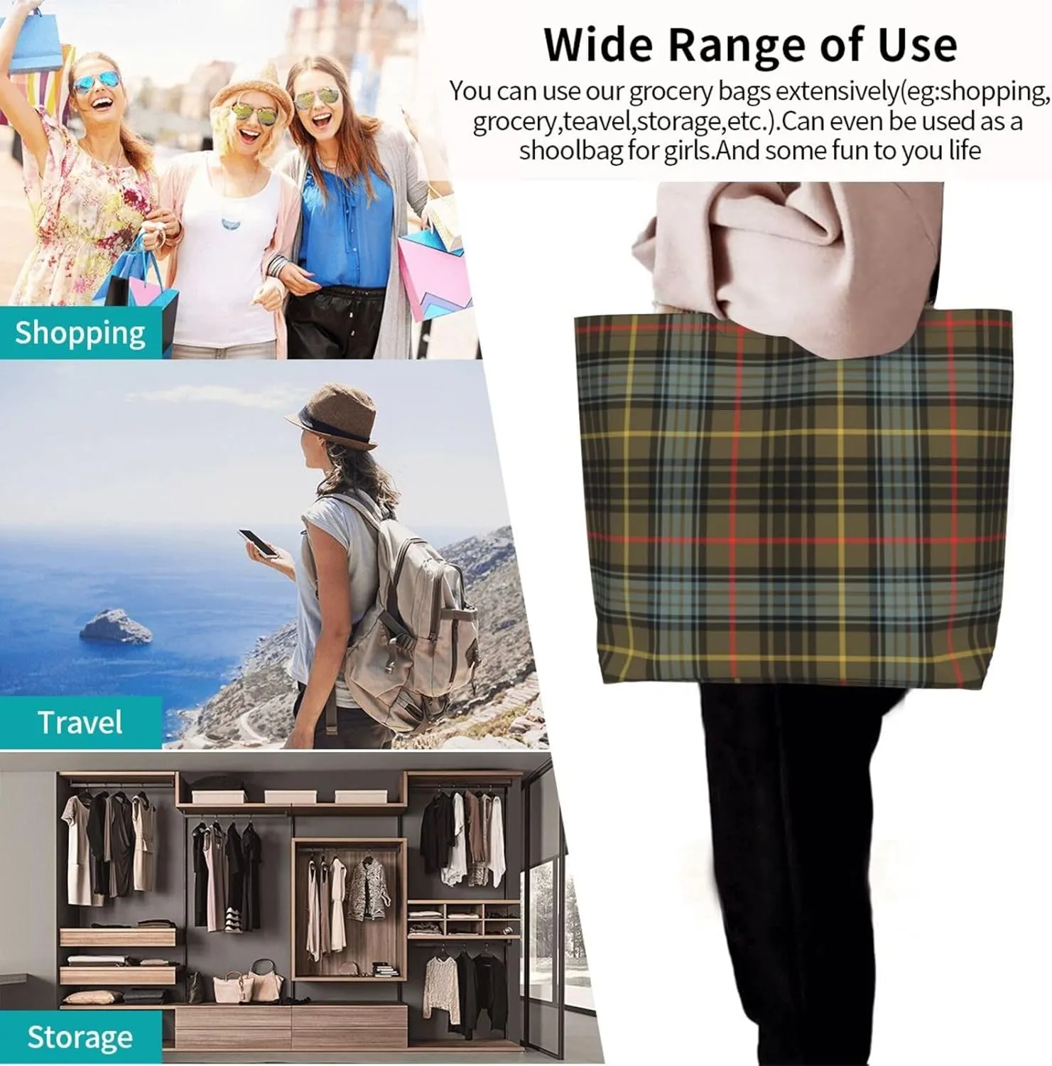 Tartan Tote Bag For Women Weekender Travel Bag Reusable Grocery Bags Large Totes Handbags