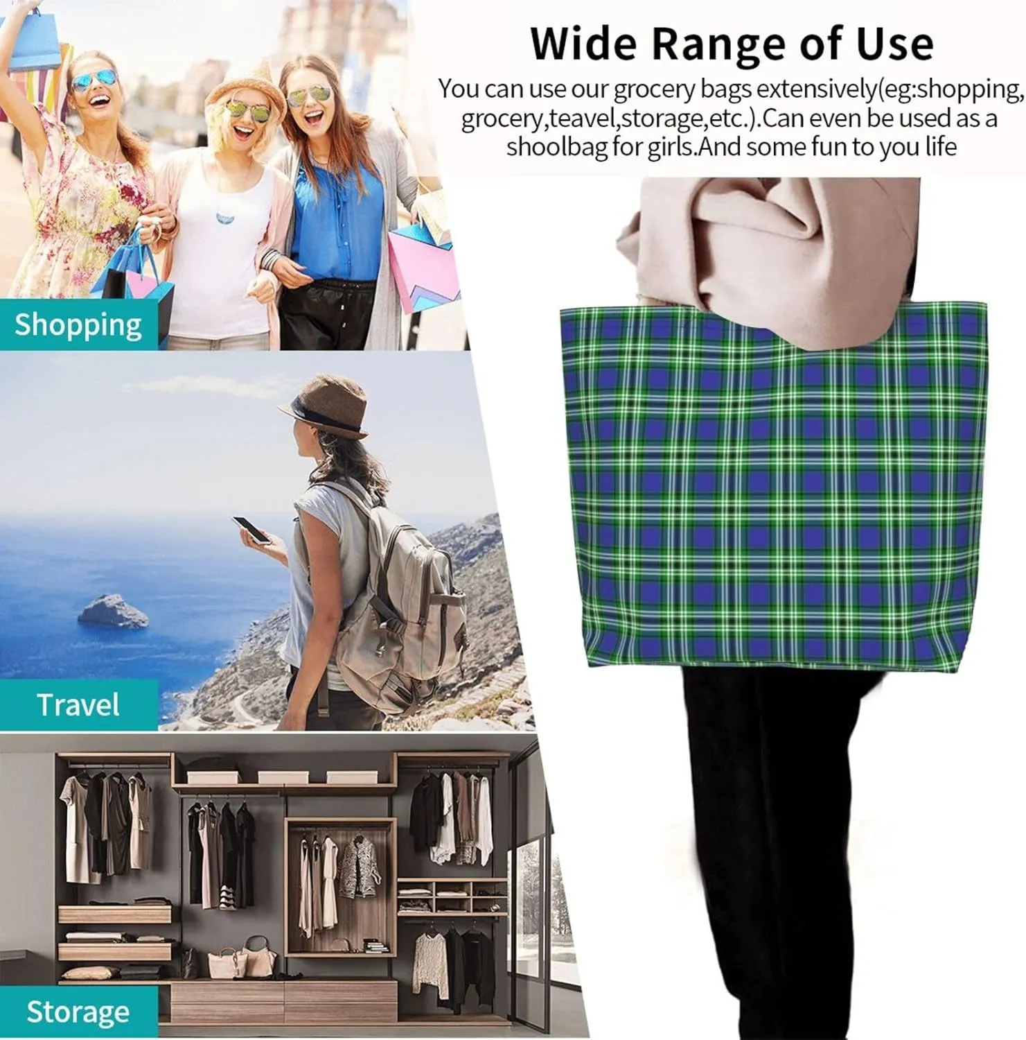 Tartan Tote Bag For Women Weekender Travel Bag Reusable Grocery Bags Large Totes Handbags