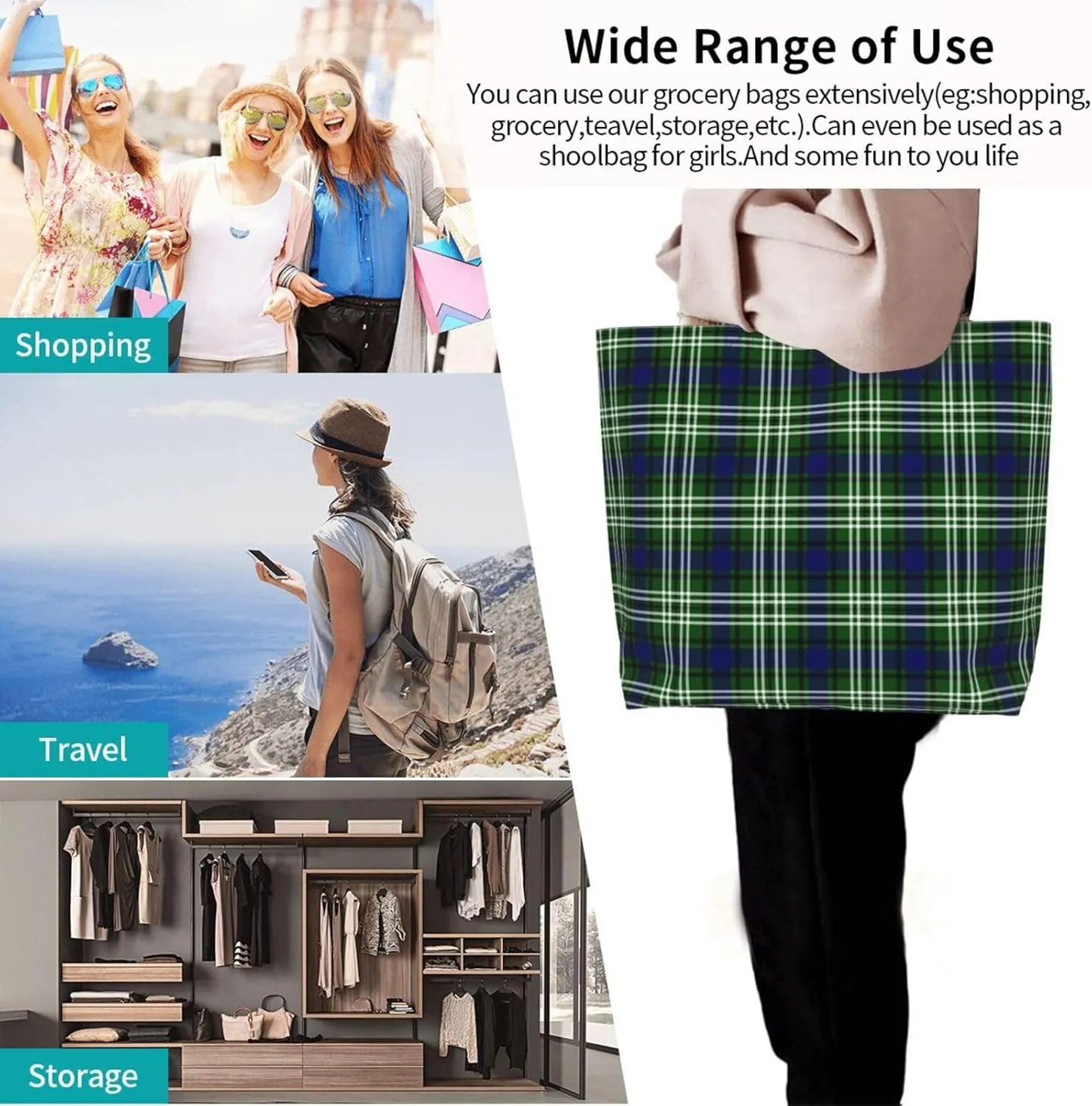 Tartan Tote Bag For Women Weekender Travel Bag Reusable Grocery Bags Large Totes Handbags