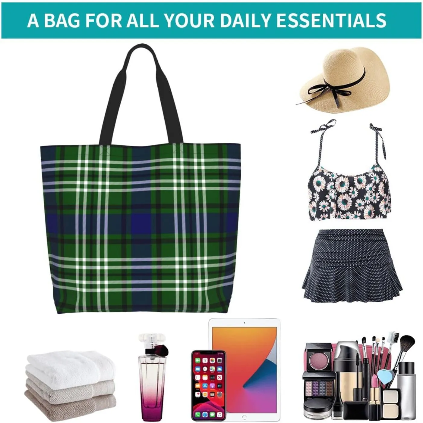 Tartan Tote Bag For Women Weekender Travel Bag Reusable Grocery Bags Large Totes Handbags