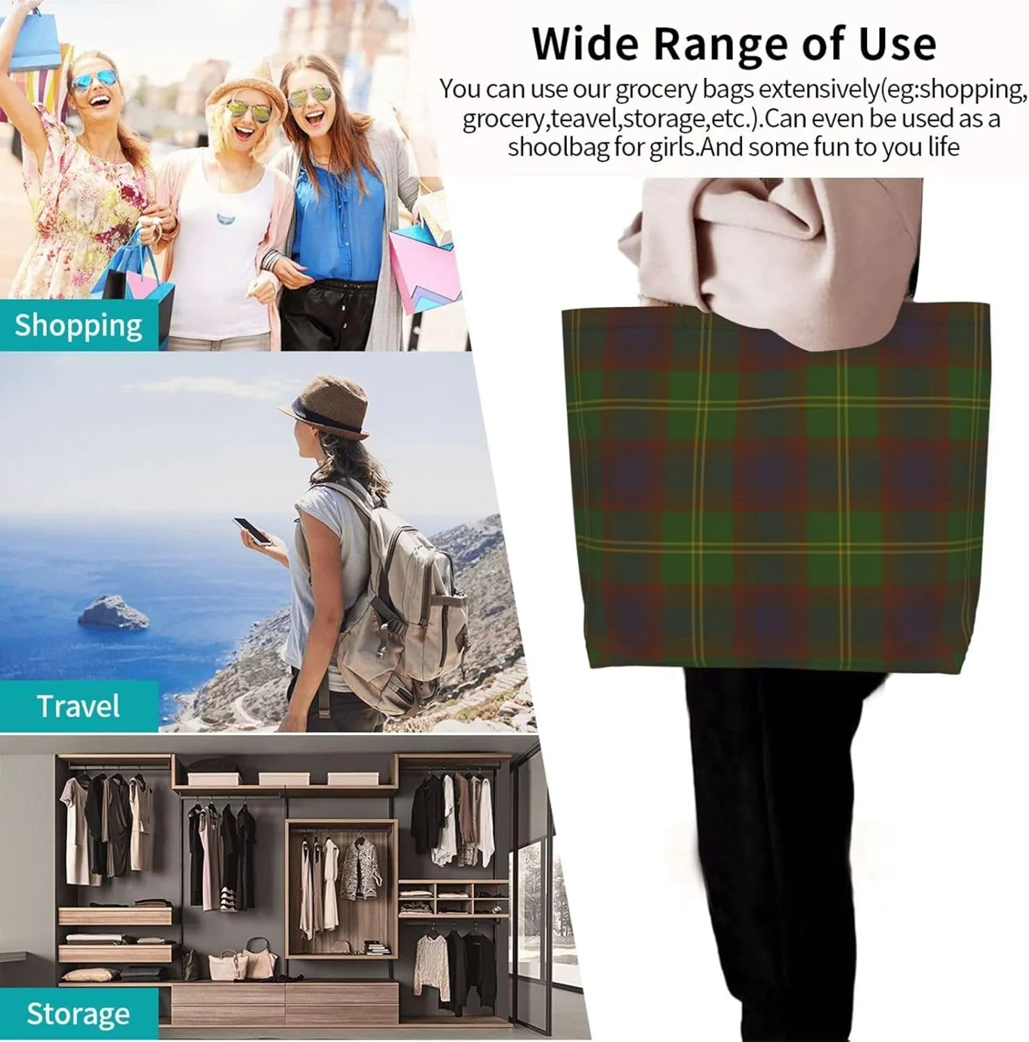 Tartan Tote Bag For Women Weekender Travel Bag Reusable Grocery Bags Large Totes Handbags