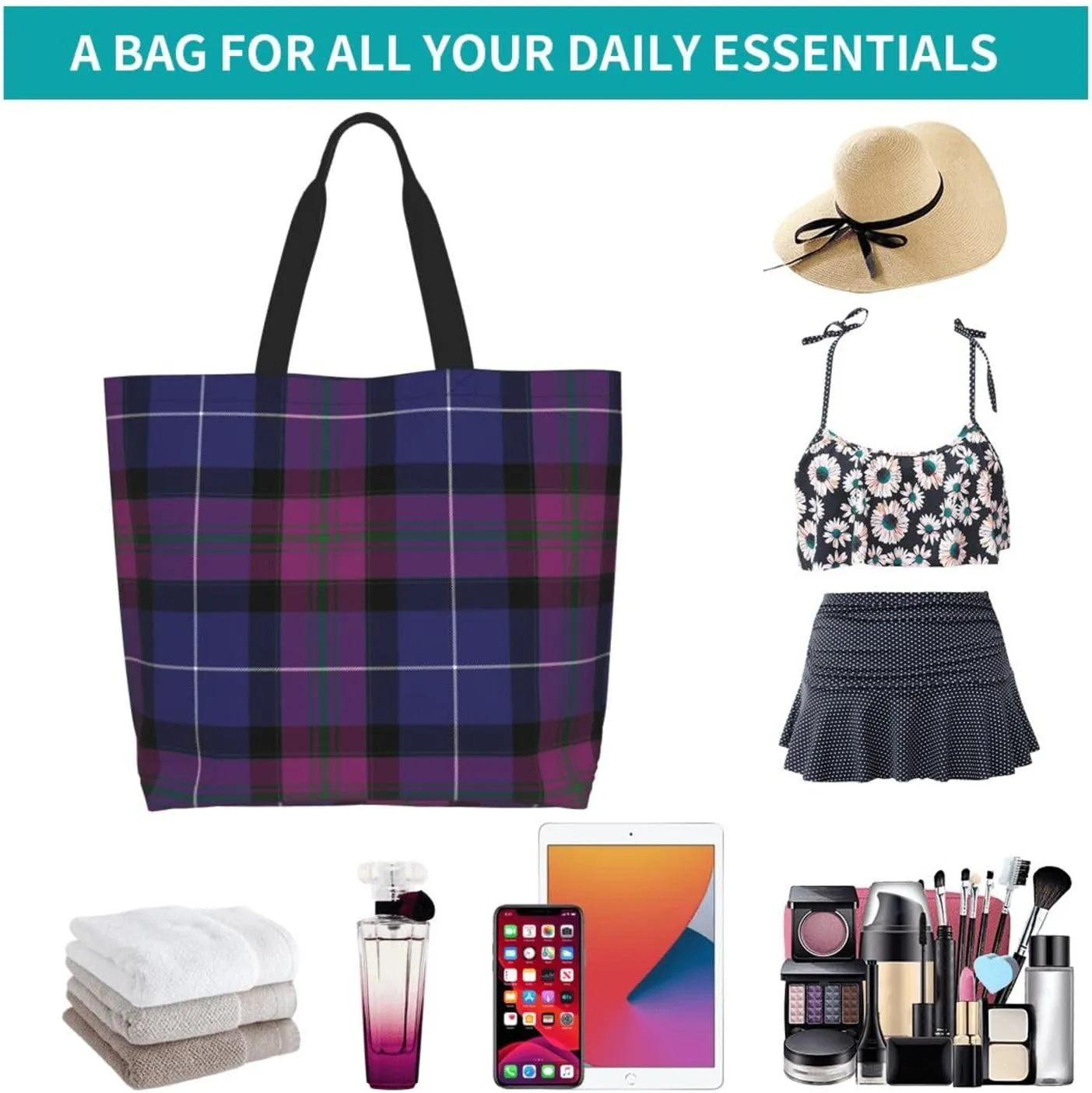 Tartan Tote Bag For Women Weekender Travel Bag Reusable Grocery Bags Large Totes Handbags