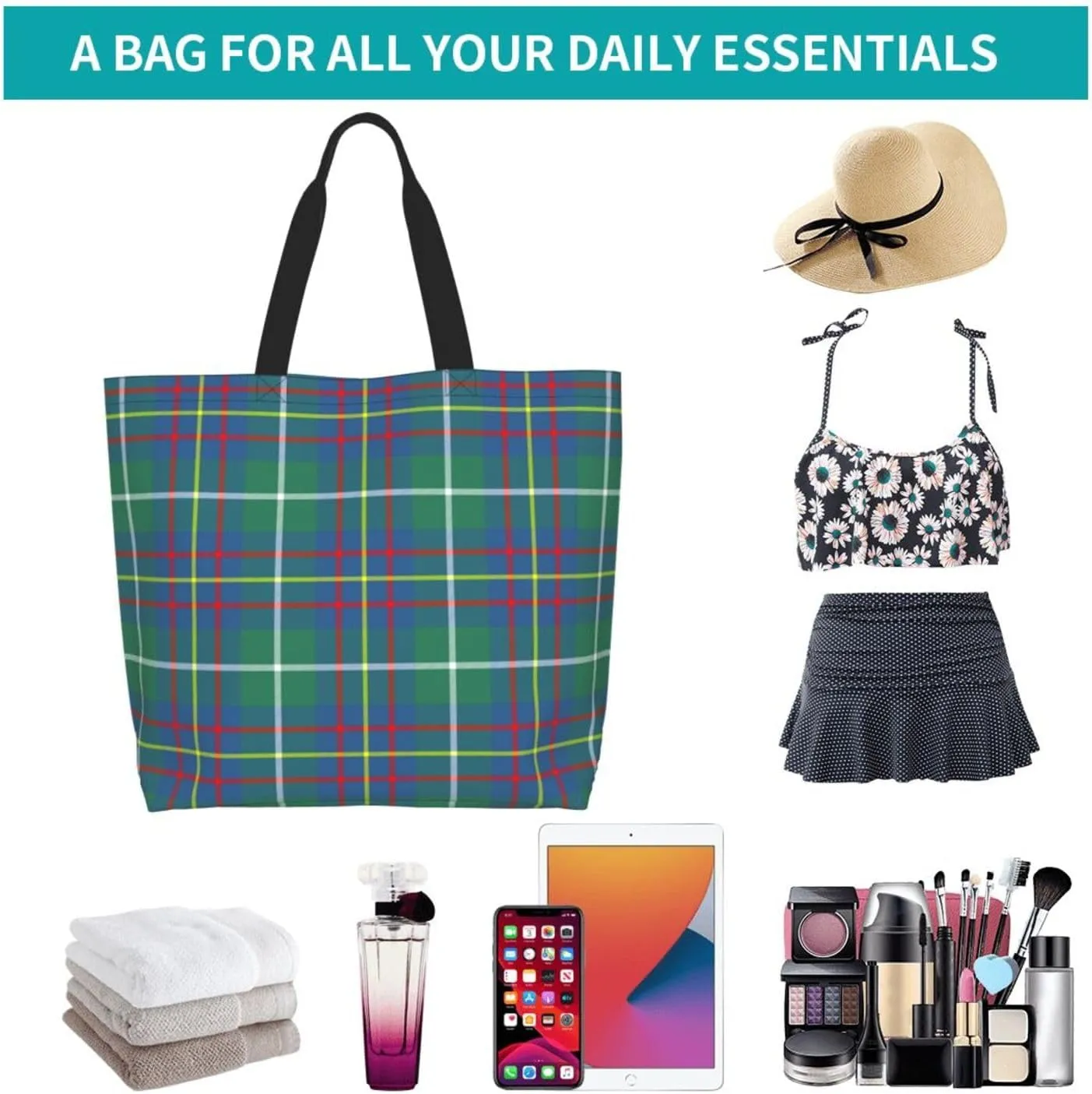 Tartan Tote Bag For Women Weekender Travel Bag Reusable Grocery Bags Large Totes Handbags