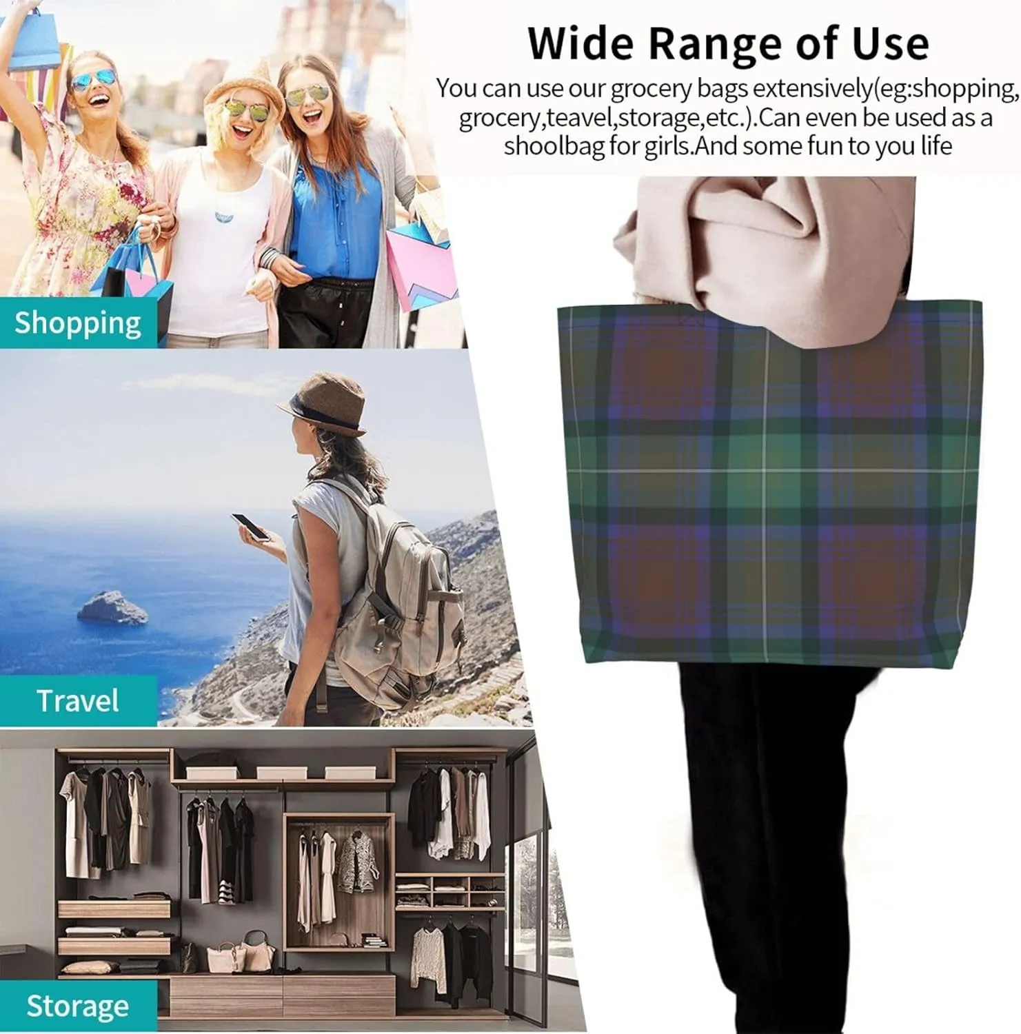 Tartan Tote Bag For Women Weekender Travel Bag Reusable Grocery Bags Large Totes Handbags