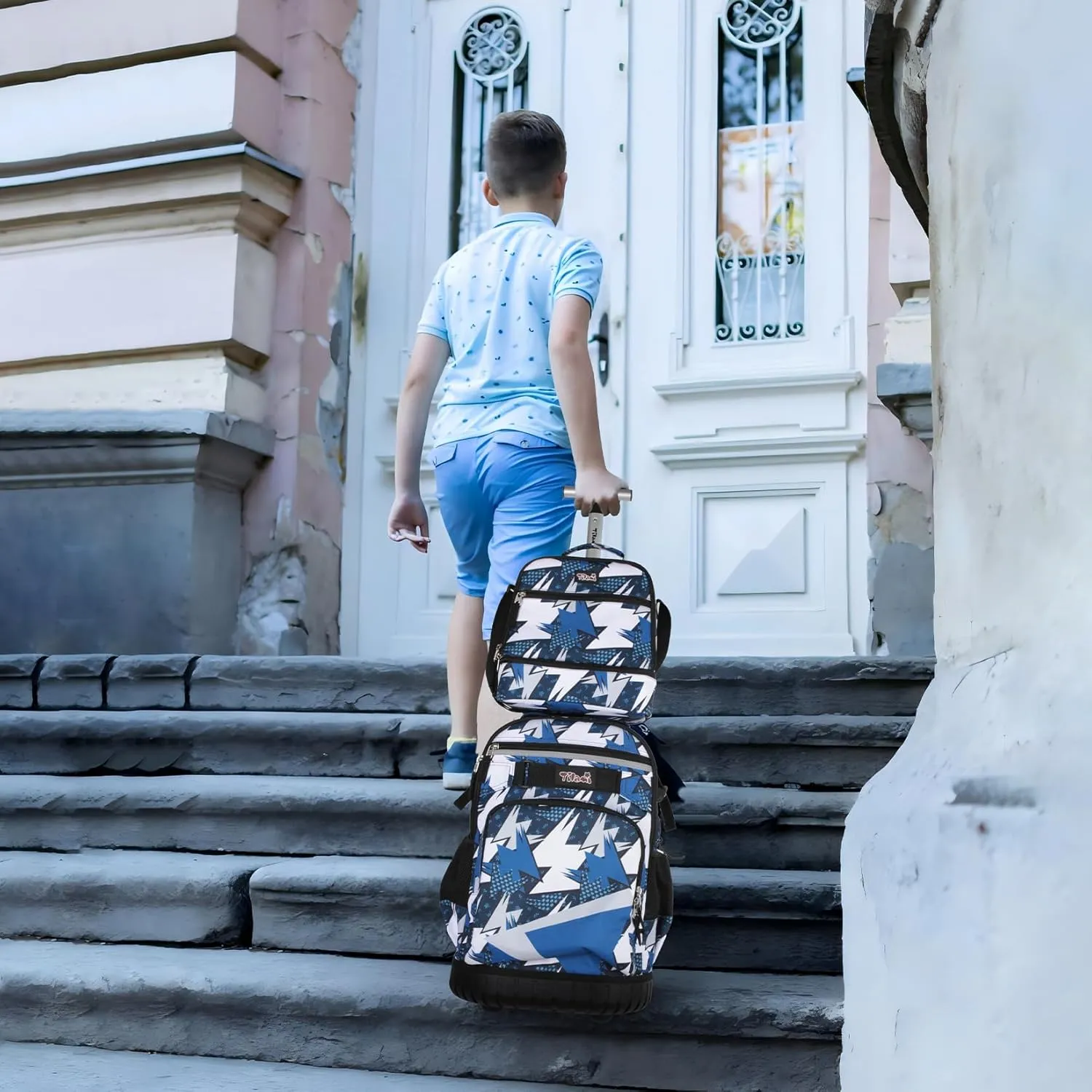 Tilami Rolling Backpack & Lunch bag for Kids 19 Inch Wheeled Bookbag for Boys & Girls for School & Travel,Arts Blue