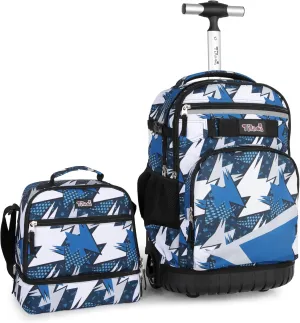 Tilami Rolling Backpack & Lunch bag for Kids 19 Inch Wheeled Bookbag for Boys & Girls for School & Travel,Arts Blue