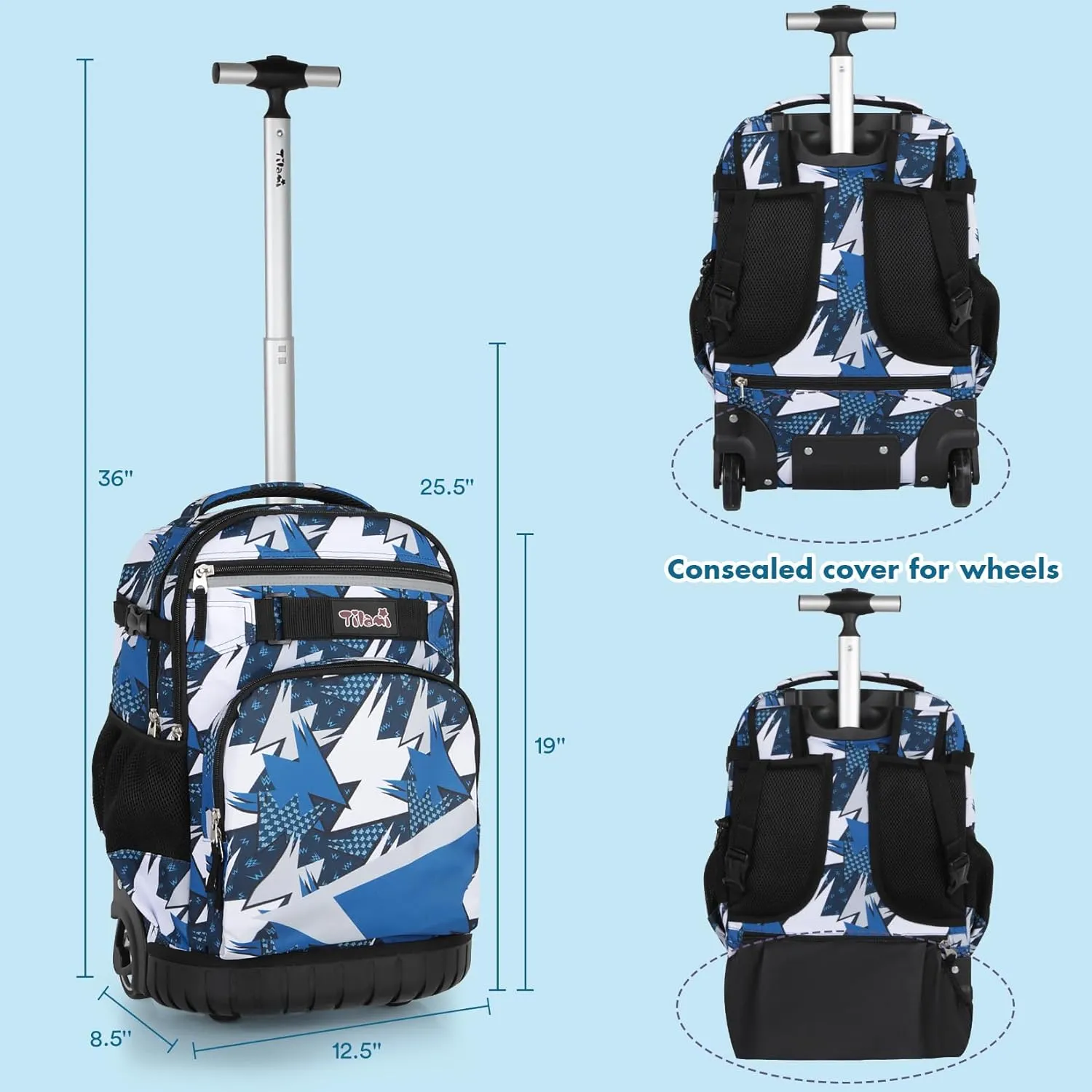 Tilami Rolling Backpack & Lunch bag for Kids 19 Inch Wheeled Bookbag for Boys & Girls for School & Travel,Arts Blue