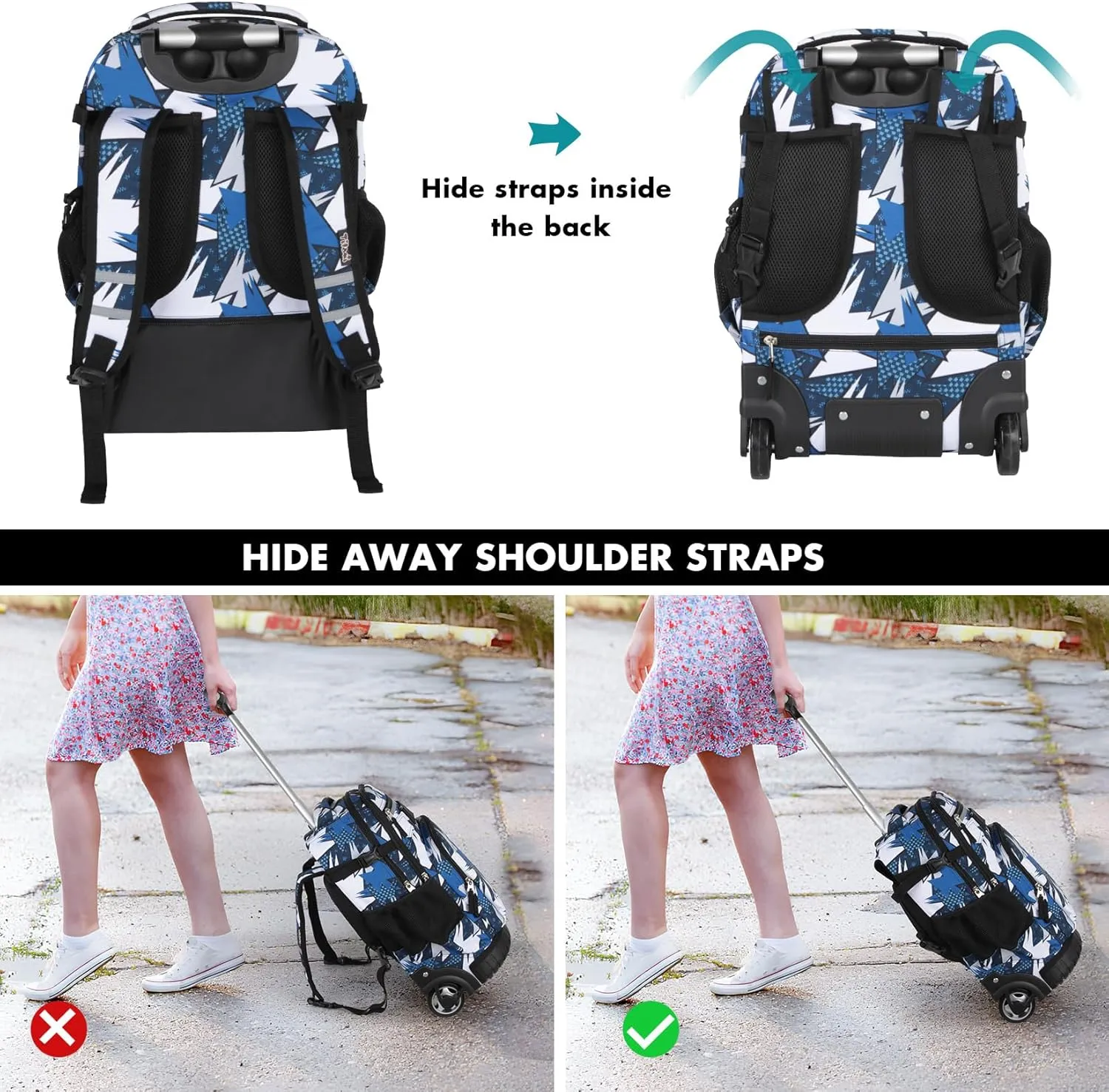 Tilami Rolling Backpack & Lunch bag for Kids 19 Inch Wheeled Bookbag for Boys & Girls for School & Travel,Arts Blue