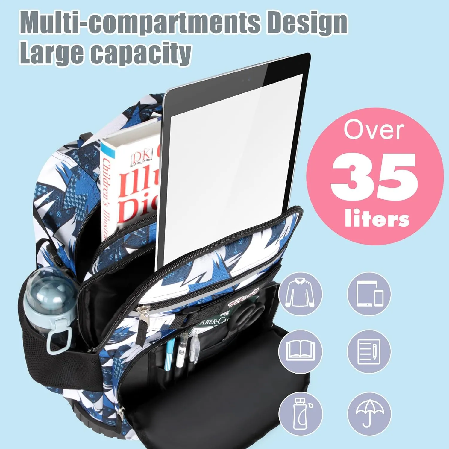 Tilami Rolling Backpack & Lunch bag for Kids 19 Inch Wheeled Bookbag for Boys & Girls for School & Travel,Arts Blue