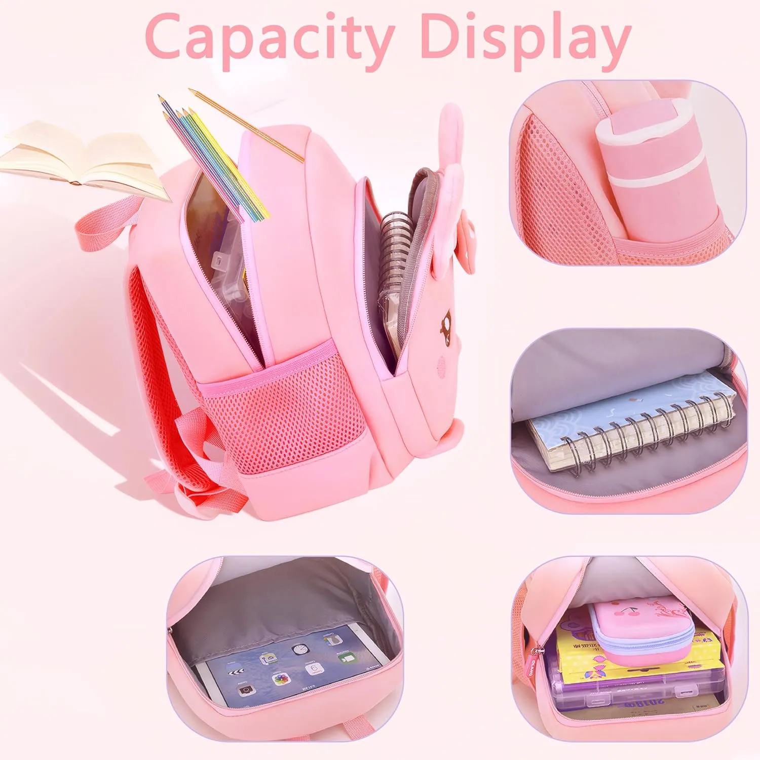 Toddler Backpacks for Boys Girls 2-4 Cute 3D Kids Bunny Schoolbag with Baby Leash for Small Preschool Kindergarten Bag (Pink Bunny)