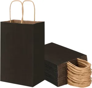 Toovip 25 Pack 5.25x3.25x8.25 Inch Small Black Kraft Paper Bags with Handles Bulk, Gift Wrap Bags for Favor Grocery Retail Party Birthday Shopping Business Goody Craft Merchandise Take Out Cub Sacks