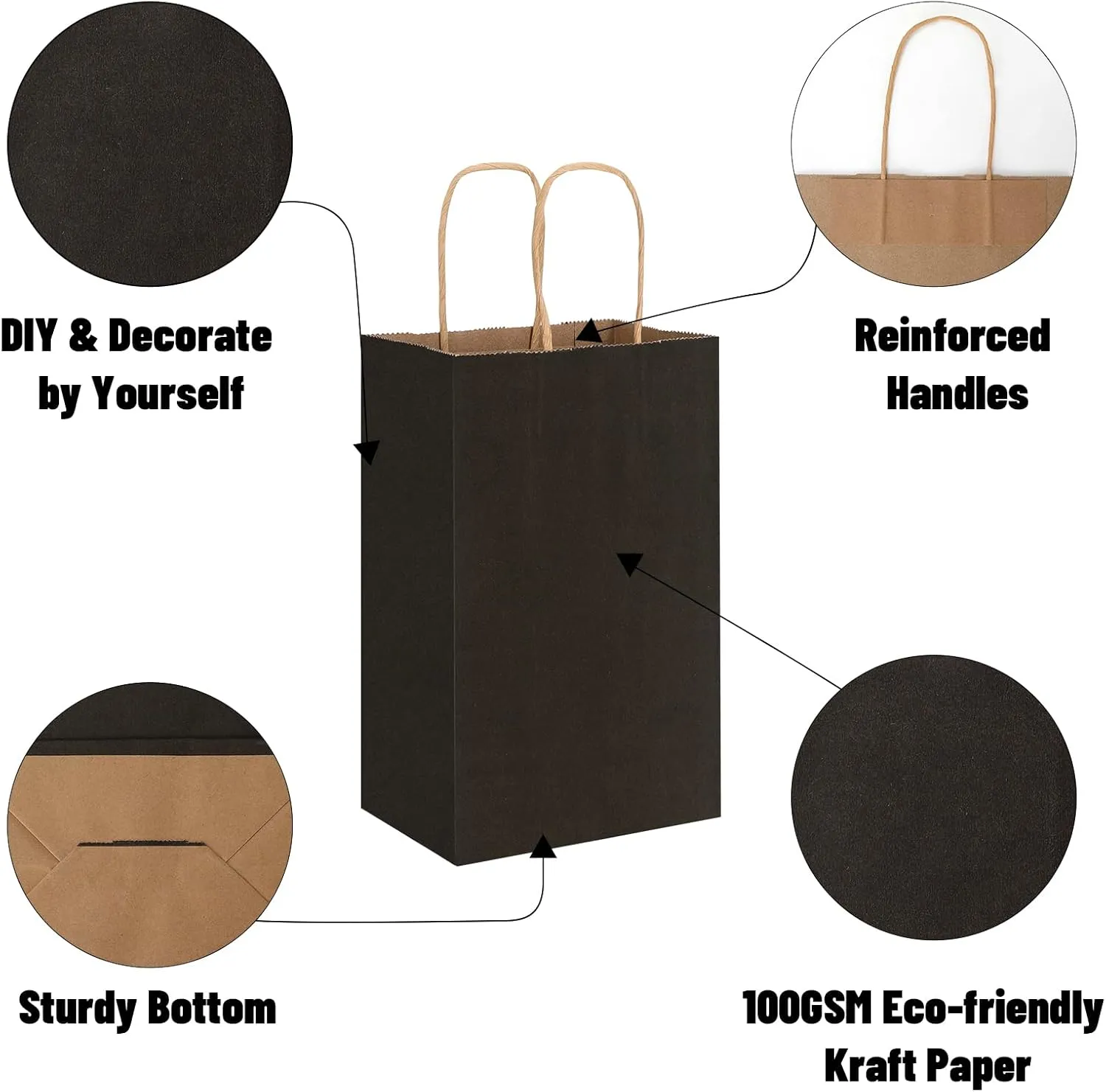 Toovip 25 Pack 5.25x3.25x8.25 Inch Small Black Kraft Paper Bags with Handles Bulk, Gift Wrap Bags for Favor Grocery Retail Party Birthday Shopping Business Goody Craft Merchandise Take Out Cub Sacks