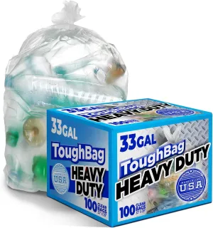 ToughBag 30-33 Gallon Clear Trash Bags (100 Count) Recycling Bag, Garbage Can Liners  Clear Trash Bags 30  Gallon - Made In USA