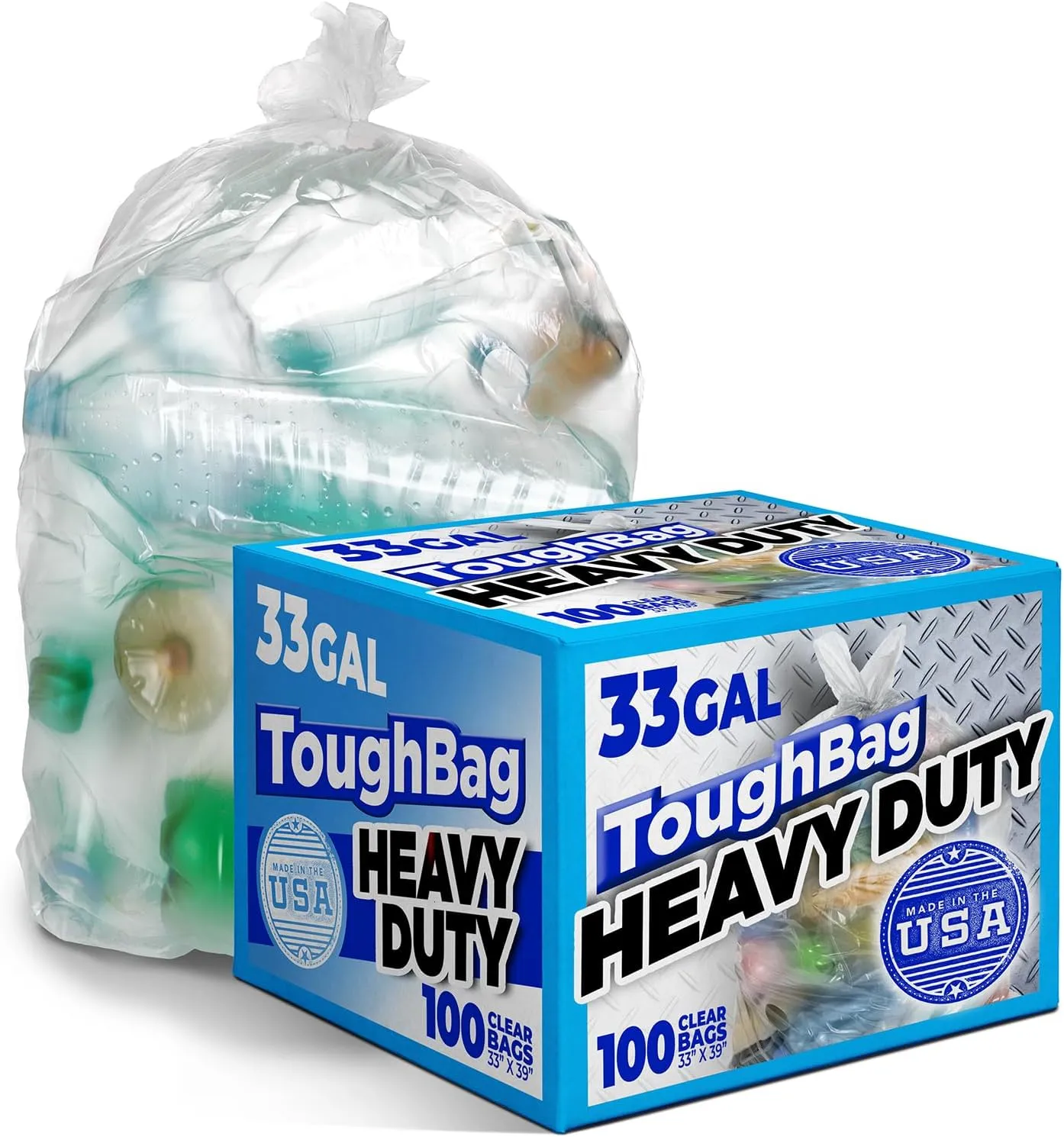 ToughBag 30-33 Gallon Clear Trash Bags (100 Count) Recycling Bag, Garbage Can Liners  Clear Trash Bags 30  Gallon - Made In USA