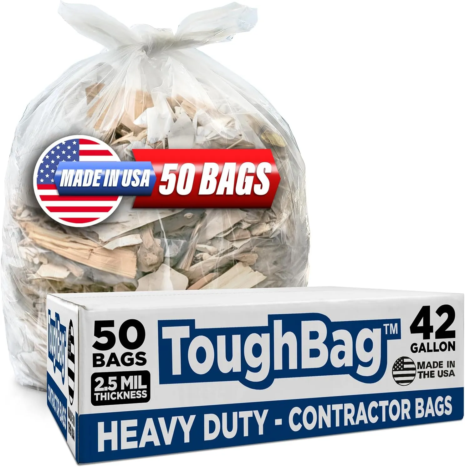 ToughBag 40-42 Gallon Trash Bags, 2.5 Mil Contractor Bags, Heavy Duty Large Trash Can Liners, Recycling Trash Bags, 33 x 48" (50 COUNT/CLEAR) - Made in USA