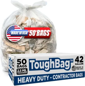 ToughBag 40-42 Gallon Trash Bags, 2.5 Mil Contractor Bags, Heavy Duty Large Trash Can Liners, Recycling Trash Bags, 33 x 48" (50 COUNT/CLEAR) - Made in USA