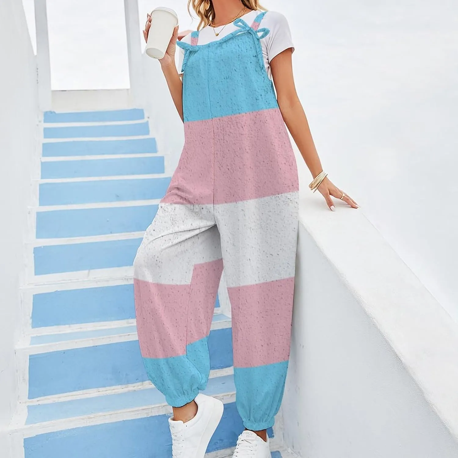 Transgender Pride Flag Slings Jumpsuit Woman Suspender Camisole Pant Overalls Loose Bow Shoulder Camisole Pant