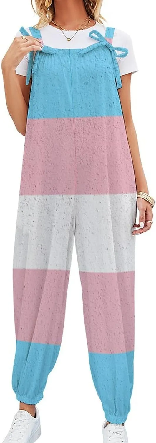 Transgender Pride Flag Slings Jumpsuit Woman Suspender Camisole Pant Overalls Loose Bow Shoulder Camisole Pant
