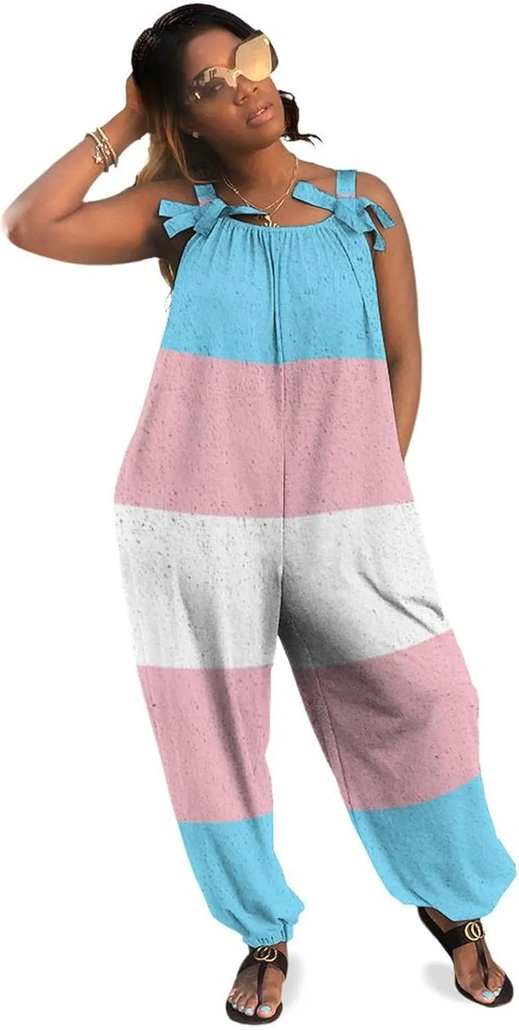 Transgender Pride Flag Slings Jumpsuit Woman Suspender Camisole Pant Overalls Loose Bow Shoulder Camisole Pant
