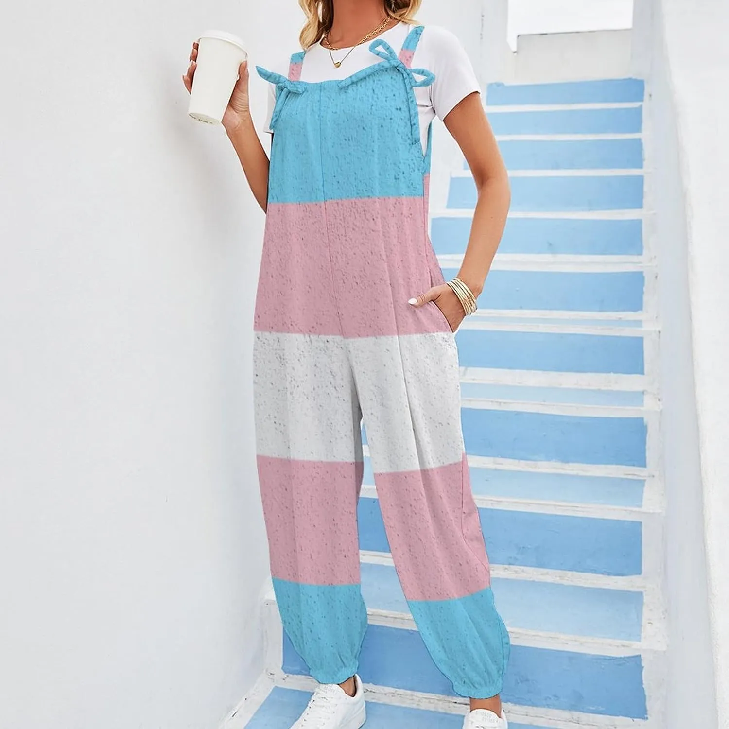 Transgender Pride Flag Slings Jumpsuit Woman Suspender Camisole Pant Overalls Loose Bow Shoulder Camisole Pant