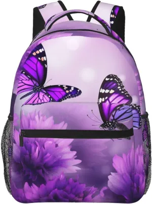 Travel Backpack for Women Men Purple Flower Butterflies Laptop Backpack Large College Bag Waterproof Casual Daypack