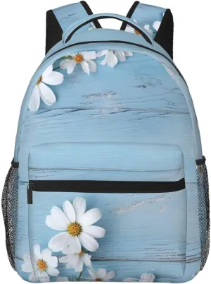 Travel Backpack for Women Men White Flowers Light Blue Wood Laptop Backpack Large College Bag Waterproof Casual Daypack